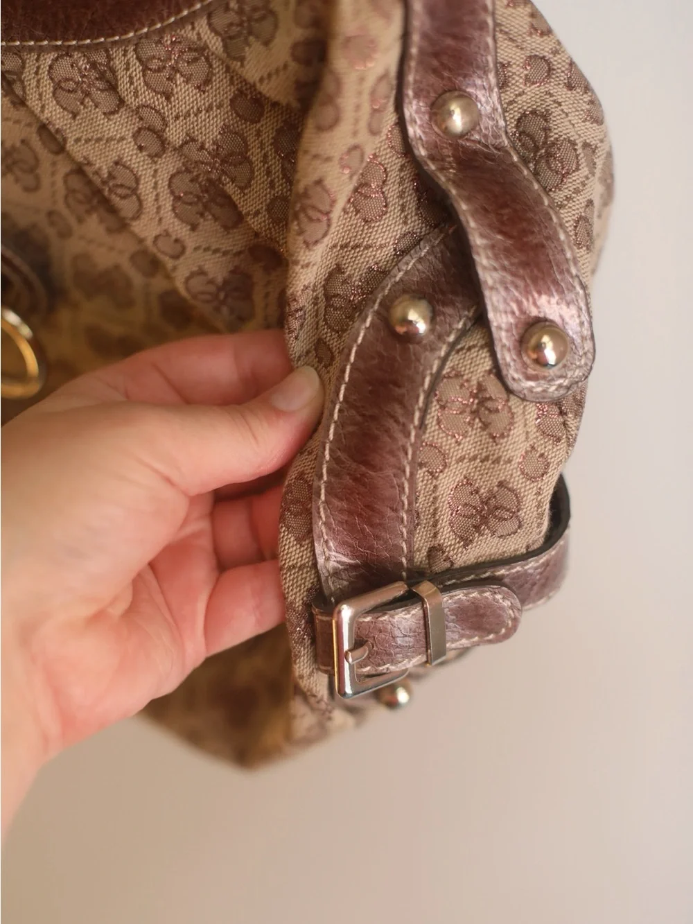 Guess Monogram Hobo Shoulder Bag Brown Canvas Faux Leather Y2K
